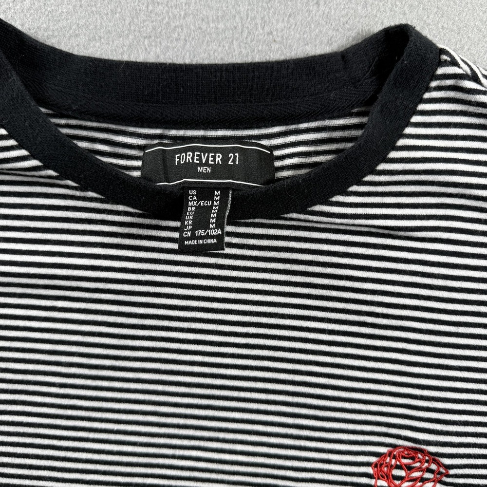 Forever 21 Shirt Mens Medium Black White Striped Long Sleeve Rose Graphic Tee - Picture 4 of 6